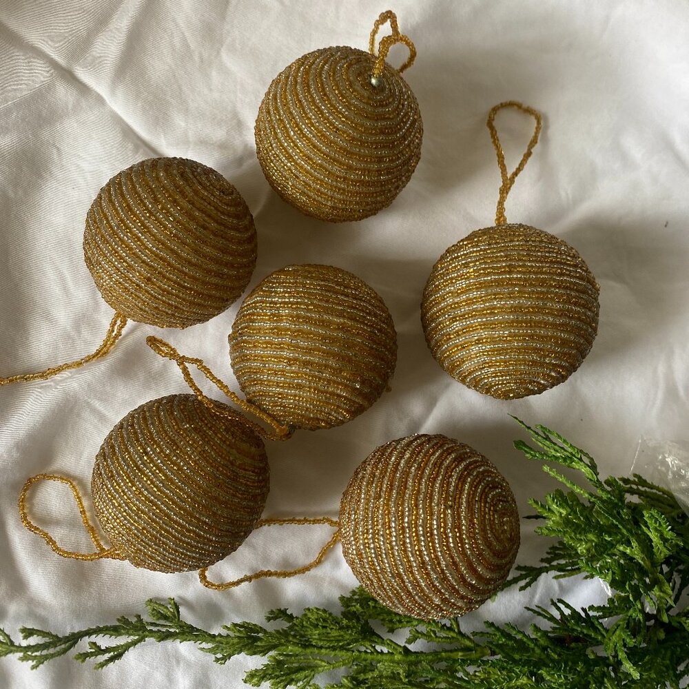 Vintage Gold & Silver Beaded Christmas Globe Ornaments Mid‑Century Festive Decor